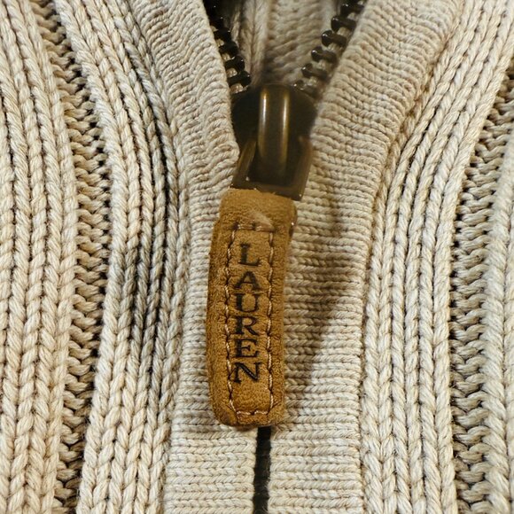 Lauren Ralph Lauren M Beige Rib Knit Cotton Cardigan Sweater Classic Heritage - Picture 8 of 12